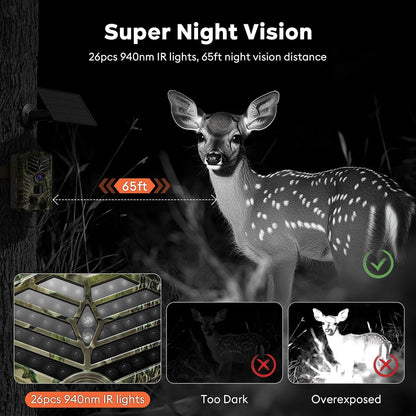 Trail Camera Wifi - Solar Powered 4K 64MP Game Cameras with Night Vision Motion Activated Waterproof with 32GB Micro SD Card, IP66 120° Detection Angle 0.2S Trigger 940Nm No Glow LED Wildlife